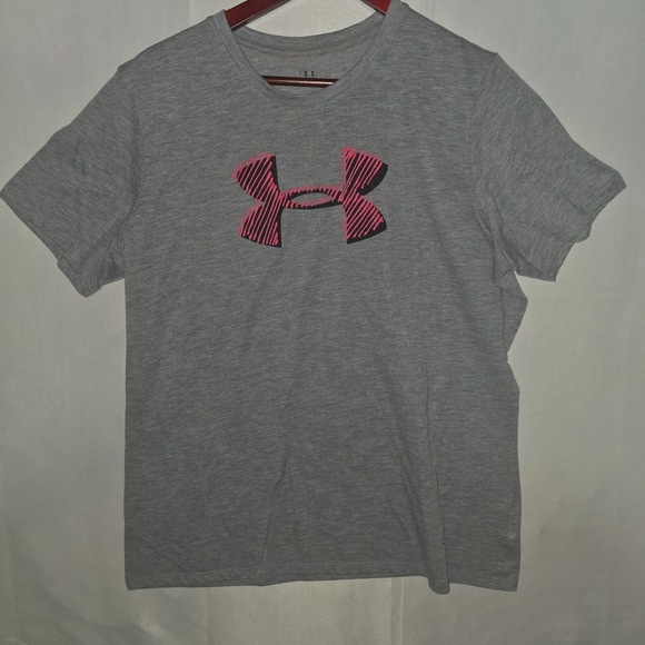 Under Armour HeatGear T-Shirt XL Gray Red Logo Stretch Athletic Tee - Picture 1 of 7